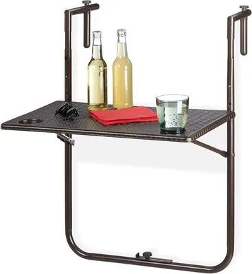 Immagine prodotto di Tavolo da balcone sospeso regolabile - effetto rattan resistente alle intemperie - pieghevole - 3 altezze - marrone - 595x36 cm