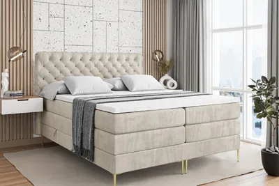 Produktbild von ALTDECOR Boxspringbett mit Gold Füßen, Matratze und Lattenrost, Topper, Polsterbett mit Bettkasten, Bett mit Stauraum H3- und H4- Matratze, Doppelbett -BOXI8-FZ KING-140x200 - Beige Monolith