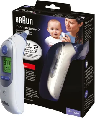 A Braun ThermoScan 7 ear thermometer is shown next to its retail packaging, which features an image of a mother and child.