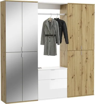 Image de Armoire de rangement 8 portes, 4 miroirs, 2 tiroirs et une penderie – Blanc et chêne – BODITE
