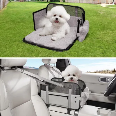 Zdjęcie produktu dla Siedzisko samochodowe dla małych psów i kotów, torba transportowa z paskiem na ramię, do 6 kg, kolor: szary