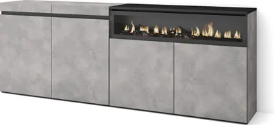 Image de COZY Buffet salon et cuisine, 200x35x75cm, 4 Portes, Cheminée électrique, Ciment