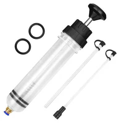 Zdjęcie produktu dla Pistolet do odsysania oleju z pompą ręczną, pojemność 200 ml, 2 węże, przeznaczony do oleju silnikowego i oleju przekładniowego