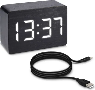 Produktbild von kwmobile Wecker Uhr in Holzoptik digital - Digitalwecker Anzeige von Uhrzeit Temperatur Datum - Alarm Clock mit USB Kabel in Schwarz mit weißen LEDs