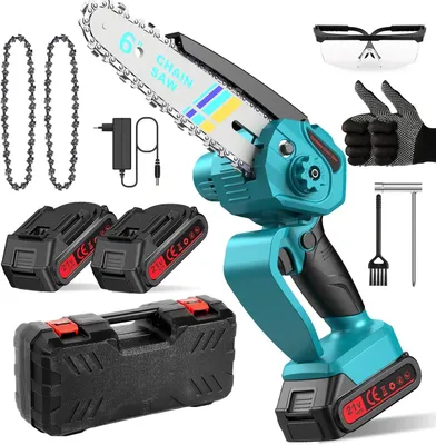 Mini-Kettensäge 6 Zoll, 21 V, 2×3000 mAh Akku, 2 Ketten