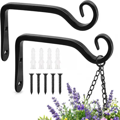 Produktbild von 2er-Pack schwarze Wandhaken aus Eisen für Blumenampeln, 14.2 cm, zum Aufhängen von Pflanzgefäßen, Vogelhäuschen, Laternen, Windspielen und Wandleuchtern