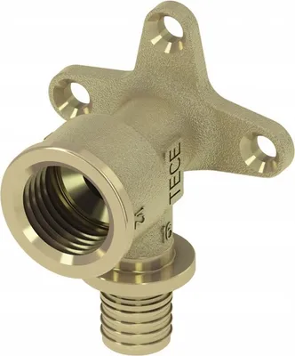 A single brass plumbing fitting, an elbow with a mounting flange.