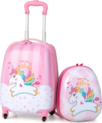 Produktbild von GOPLUS 2 TLG. Kofferset,  Kinderkoffermit Rucksack, Kinder Reisekoffer, Trolley & Gepäck für Kinder ab 3 Jahren (12"+16", Pink Einhorn)