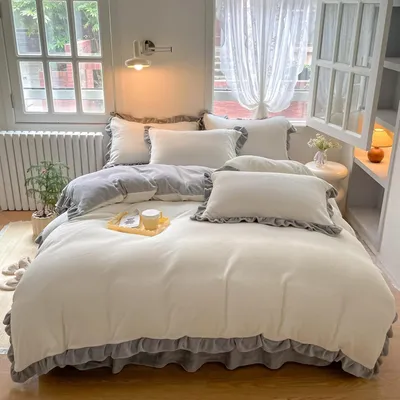 Zdjęcie produktu dla Aksamitny komplet pościeli, pościel zimowa 200x200cm aksamitna miękka flanelowa poszwa z mikrofibry dla dziewczynek i 2 poszewki na poduszki 80x80cm, szaro-biała, 200x200cm