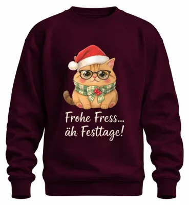 Productafbeelding van Vrolijke kersttrui met een grappige kat, geschikt als cadeau, schattig, uni, kleur: bordeauxrood, maat: M
