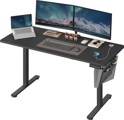 A black adjustable standing desk with two monitors, a laptop, keyboard, mouse, and accessories.