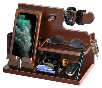 Imagen del producto de Organizador de mesita de noche de madera, con base de carga para teléfono, soporte para llaves y relojes, ideal para el dormitorio