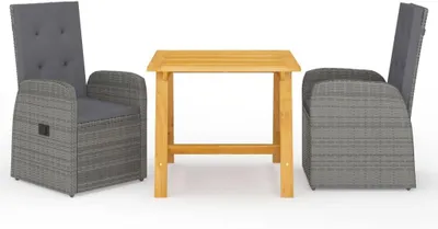Produktbild von 3-teiliges Garten-Essgruppen-Set in Grau mit Akazienholztisch und wetterfesten Rattan-Stühlen für Balkon und Terrasse