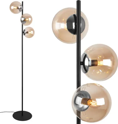 Image de Lampadaire Siena noir-chrome à 3 flammes avec abat-jour ambre
