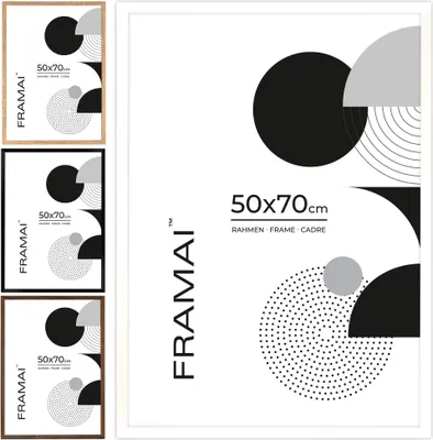 Obrázok produktu pre Rám na fotografie FRAMAI® 50 x 70 cm, biely, MDF – ekologický rám s nerozbitným plexisklom, závesom a stojanom