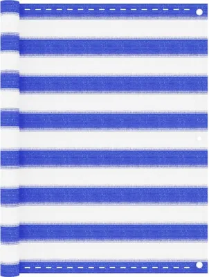 A rolled-up privacy screen with blue and white stripes.