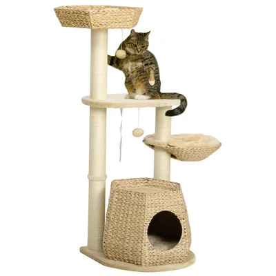 Image de PawHut Arbre à chat arbre à grimper griffoir pour chat hauteur 119 cm colonnes renforcées avec niche hamac 2 balles suspendues