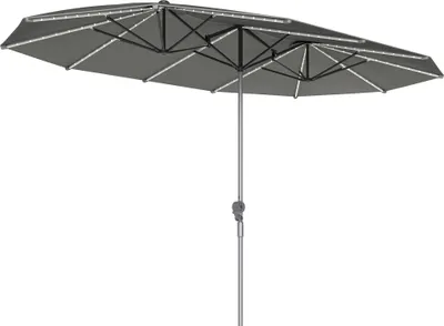 Zdjęcie produktu dla Podwójny parasol Outsunny z lampami solarnymi LED 451 x 267 cm, aluminiowy parasol UV 50+ z korbą, z włókna szklanego, parasol balkonowy, wiatroodporny, ochrona przeciwsłoneczna na balkon, ogród, ciemnoszary