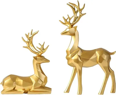 Productafbeelding van Hertendecoratie - Set van 2 - Paar hertenfiguren - Gouden desktop ornament - Hars eland rendier figuur - Decoratie