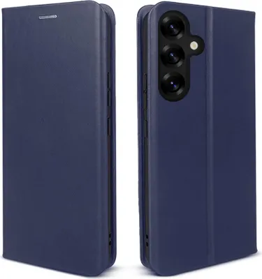 Two views of a dark blue flip phone case.