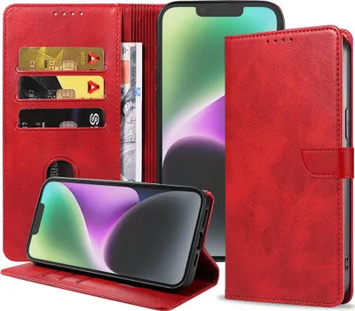 Produktbild von Passend für iPhone 14 Handytasche Kunstleder mit magnetischer Lippe und Kartenhalter Buchhülle mit Klappe - Rot - Smartphonica
