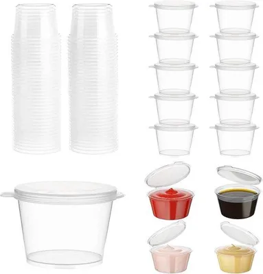 Produktbild von Kunststof Saubehälter 100 ml, 100 Stück, Luchtdicht, Rund, Transparent Weiß, für Saucen, Cremes, Snacks, Dressings, Lebensmittelbehälter