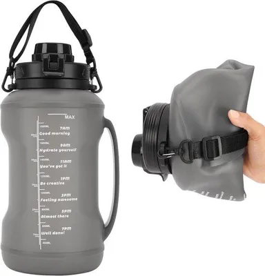 Imagen del producto de Botella de silicona plegable Unyqoos® de 2 litros, color gris, con pajita, tapa de rosca y asa para llevar. A prueba de fugas, ideal para deportes y viajes, resistente de -40° a 230°