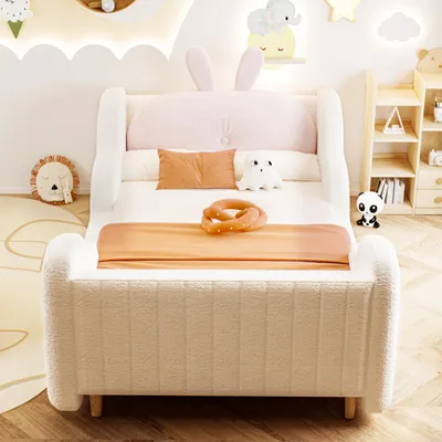 Produktbild von MODFU Kinderbett 90 × 200 mit Hasen-Kopfteil,Polsterbett mit abgerundeten Kanten,Plattformbett mit Seitenleisten,Weiß (Ohne Matratze)