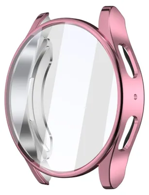 A pink and clear smartwatch case is shown against a white background.