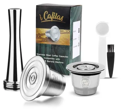 Image de Capsules réutilisables en acier inoxydable pour café, avec cuillère doseuse et brosse