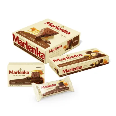 Obrázek produktu pro MARLENKA® Malá kakaová směs | Medový dort s kakaem (800 g), Kakaové medové kuličky (235 g), Kakaová medová svačinka (50 g) a Kakaové medové koláčky (100 g)