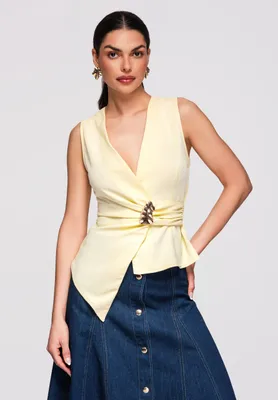Produktbild von LARICA Damen Bluse V-Ausschnitt Ärmellos Wickeldesign Elegant OW-TS-E0002 yellow S