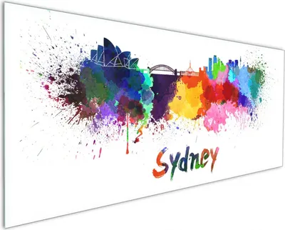 Produktbild von Wallario Küchenrückwand aus Glas, Größe: 125 x 50 cm, Motiv: Städte als Aquarell - Skyline von Sydney | Spritzschutz | abwischbar | pflegeleicht | in