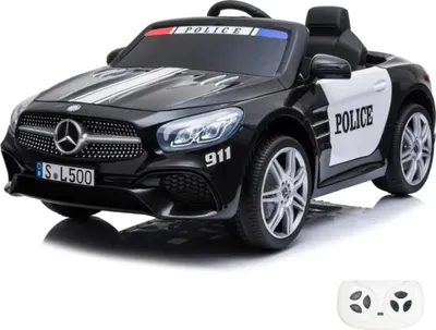 Obrázok produktu pre Detské elektrické autíčko Mercedes-Benz SL500 AMG Policejné 12 V (1–6 rokov) – Oficiálne licencované, s diaľkovým ovládaním, sirénou, pneumatikami EVA a koženým sedadlom – Detské policajné elektrické vozidlo – Čierne