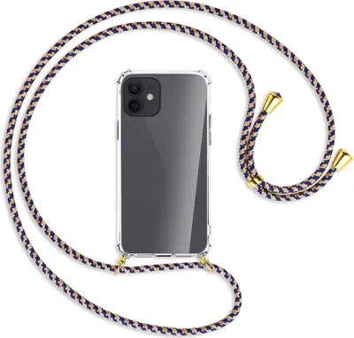Produktbild von Handykette Backcover-Schutzhülle mit Band (Metall goldfarben) für Apple iPhone 12, 12 Pro - blau+beige