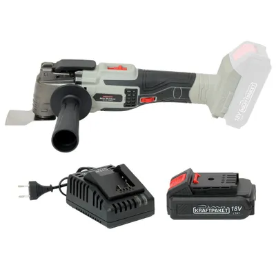 Produktbild von Dino KRAFTPAKET 18V Bürstenloses Akku-Multifunktionswerkzeug für Starlock (Set mit 2Ah Akku und Ladegerät, 5000-19000 1/min) Kompaktes Multitool, Oszillierer mit Schnellspanner, Motor bürstenlos