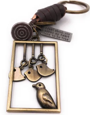 Image de Onwomania Porte-clés oiseau cage d'oiseau mobile or pendentif cuir Keychain