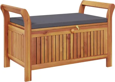 A wooden storage bench with a gray cushion, shown against a white background.