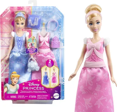 Produktbild von Disney Prinzessin 2-in-1 Geschichten Cinderella Modepuppe (mit 2 Oberteilen und 9 Accessoires)
