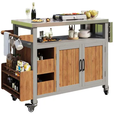 Produktbild von BBQ Beistelltisch Gartenschrank Grillwagen Servierwagen Holz Edelstahl wetterfest mit Rollen Seitenablage 3 Haken Regal für Snacks Gewürze Outdoor