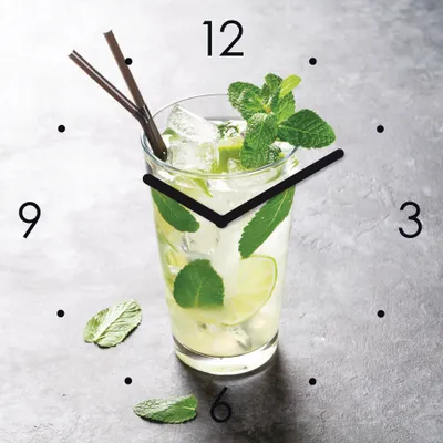 Produktbild von Wanduhr Glas 30x30cm Cocktail Limette Glasuhr Uhr Glasbild Küche Bar Deko