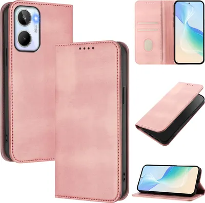 Produktbild von Handyhülle für Realme 10 4G, Vintage Leder RFID Schutz Kartenfach Standfunktion Magnetische Klapphülle Pink