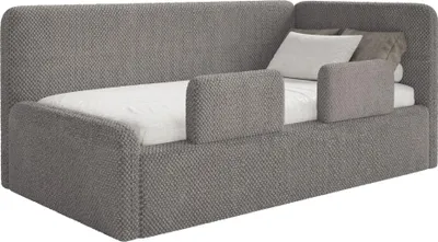 Produktbild von Selsey Fanko – Kinderbett 90x200 cm mit Rausfallschutz, Matratze, Kopfteil rechts, Plüsch, Taupe