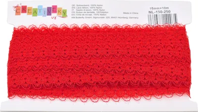 Produktbild von Rotes Nylon Spitzenband 15mm x 10m, unelastisch, farbecht, mit Bogenkante