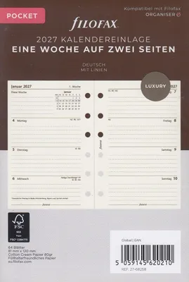 Immagine prodotto di Ricarica per agenda FILOFAX 2027 - POCKET - 1 settimana = 2 pagine - color crema - in cotone - in tedesco