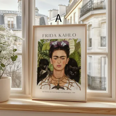Produktbild von Frida Kahlo Kunst Poster · Geschenkidee · Selbstporträts Papageien Affen Mexikanische Ikonen · Dekoprint ohne Rahmen · Motiv A · 13 × 18 cm