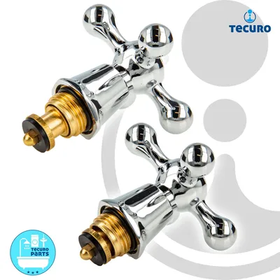 Two chrome faucet valve stems with cross-shaped handles are shown against a white and light gray background. A logo and text are present in the upper right corner, and a circular icon with text is in the lower left corner.