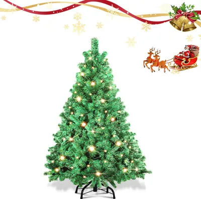 Produktbild von Jayseuw 120cm Künstlicher Weihnachtsbaum mit LED-Beleuchtung 150 LEDs Warmweiß inkl. Metallfuß mit 340 Spitzen Christbaum Tannenbaum PVC Grün