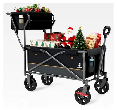 Produktbild von Faltbarer Bollerwagen mit Bremse, Einkaufskorb, Getränkehaltern und Seitentasche, klappbar bis 120 kg, Transportwagen für Camping