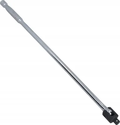 A silver metal breaker bar with a black handle attachment is shown against a white background.